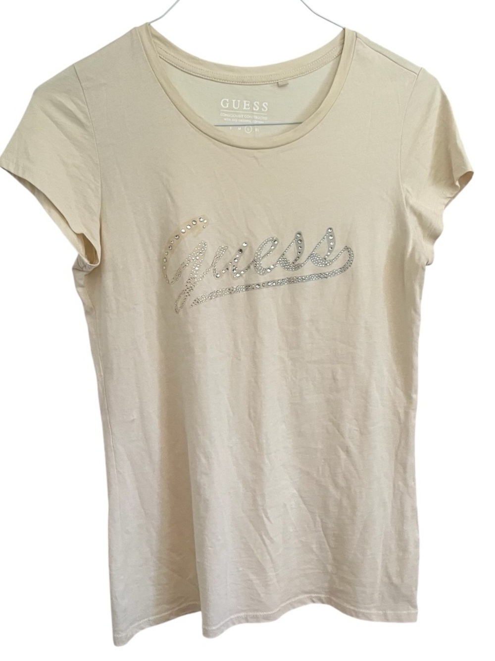 GUESS Cream Short Sleeve Tee with Rhinestone Script Logo